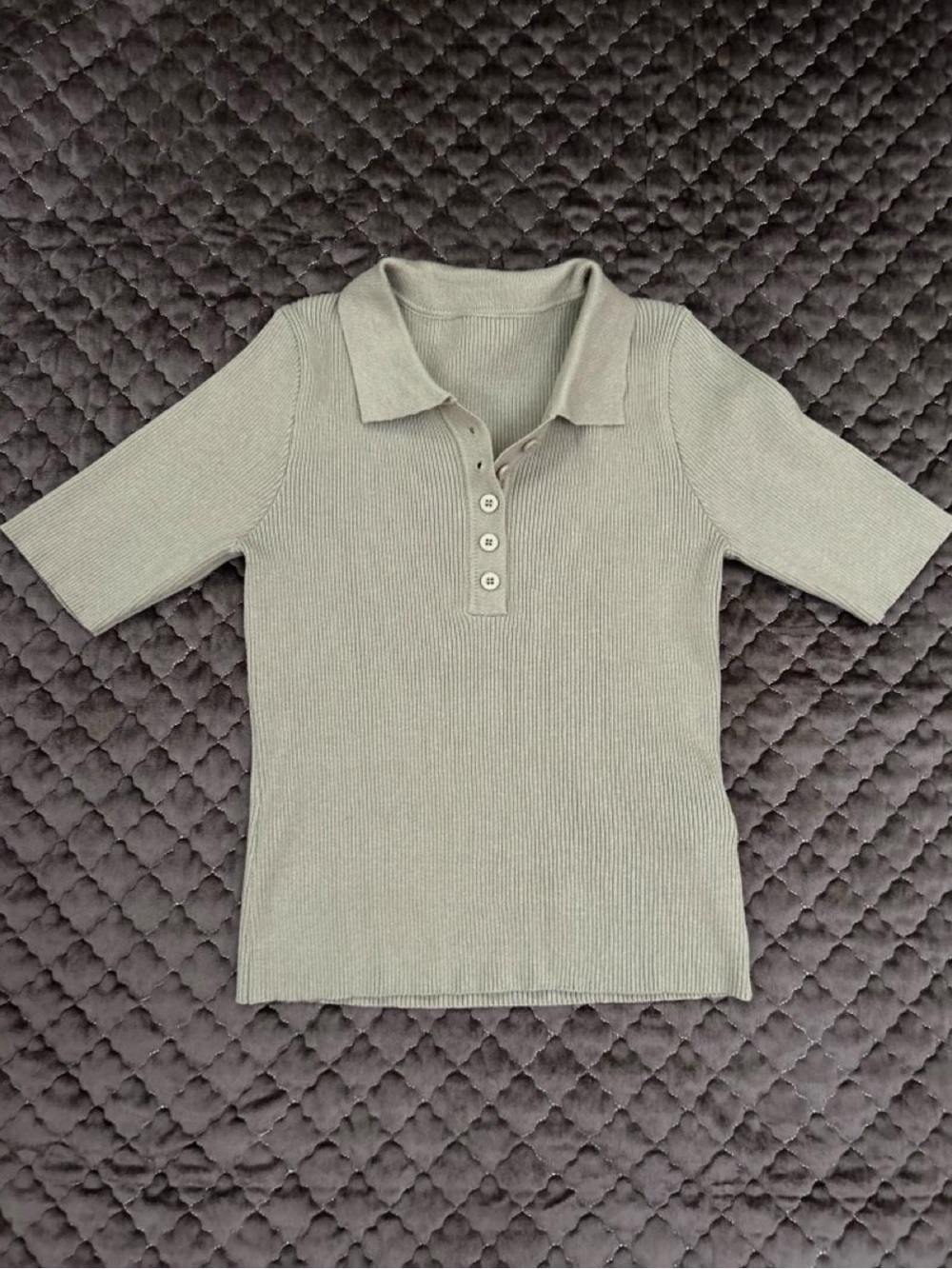 Ribbed Short Sleeve Polo Top - Light Gray